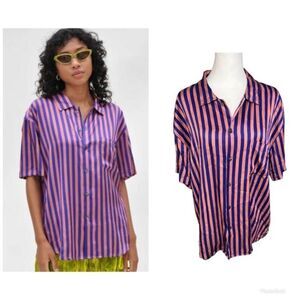 Stussy Striped Silk Shirt  pink and blue button down large